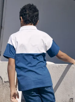 T-shirt, Polo Shirt-Sergent Major Blue and white jersey polo shirt with guitar badger motif