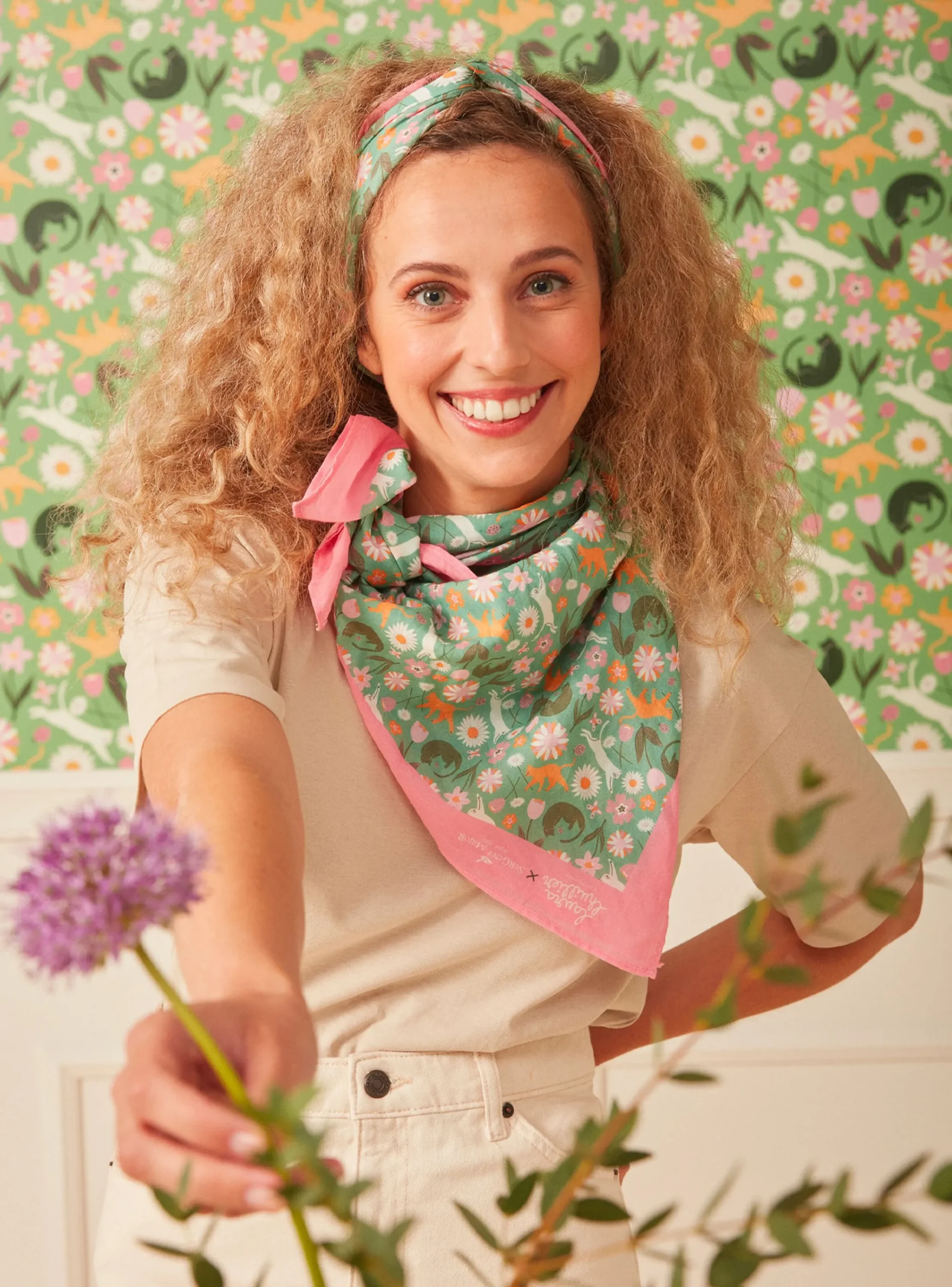 Hat, Scarf | Beany, Scarf, Gloves-Sergent Major Cat and flower print Scarf