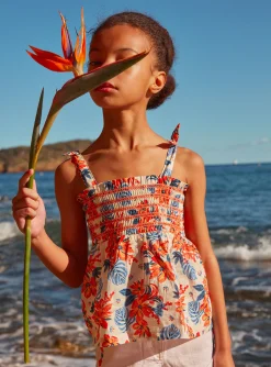 Shirt, T-shirt-Sergent Major Ecru smocked top with blue and orange flower print