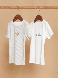 Underwear & Socks-Sergent Major 2 ecru T-shirts with spaceship and car prints and stripes