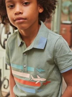 T-shirt, Polo Shirt-Sergent Major Green polo shirt with aircraft motif