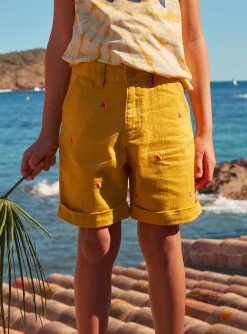Bermuda Shorts-Sergent Major Mustard shorts with multicoloured shark fin embroideries