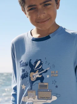 T-shirt, Polo Shirt-Sergent Major Sky-blue jersey T-shirt with guitar badger motif