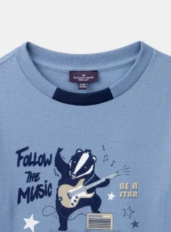 T-shirt, Polo Shirt-Sergent Major Sky-blue jersey T-shirt with guitar badger motif