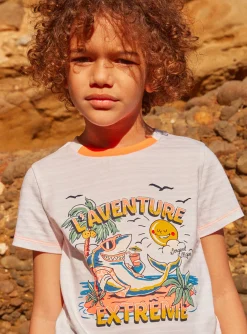 T-shirt, Polo Shirt-Sergent Major T-shirt blanc &agrave; motif requin en jersey